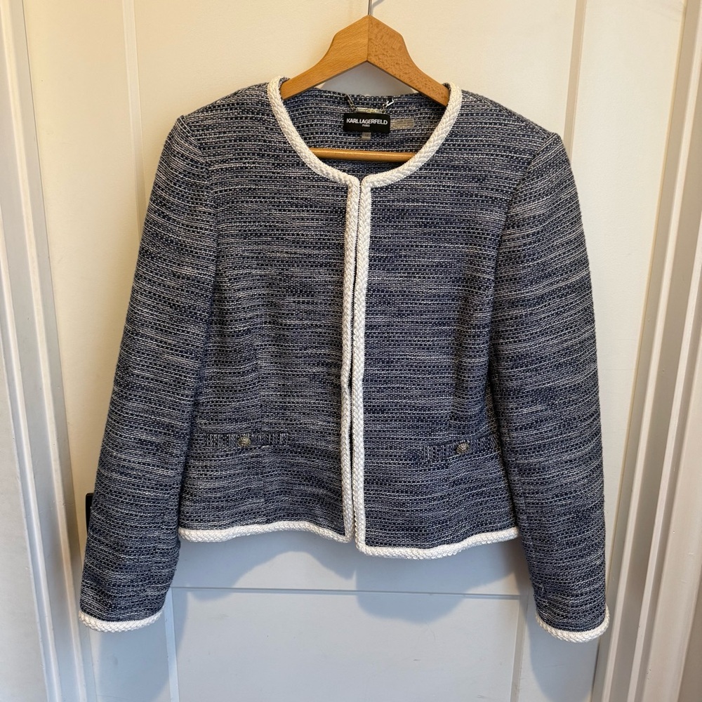 Karl Lagerfeld Tweed Blue White Women Blazer Jacket Braided trim size L (12)